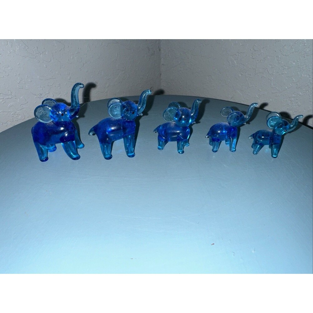 Vintage Family of 5 Miniature Blue Glass Elephant Figurines